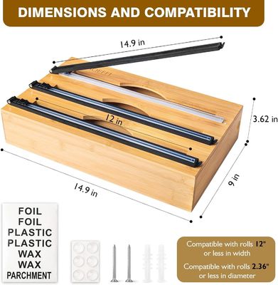 Διακόπτης κουζίνας οργανωτής συρτάρι μπαμπού 3 σε 1 φύλλο και πλαστικό Cling Wrap Dispenser