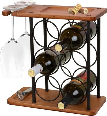 Εκτυπωμένο ξύλινο ράφι κρασιού με δίσκο χειροποίητο Κρατά 6 μπουκάλια και 2 ποτήρια