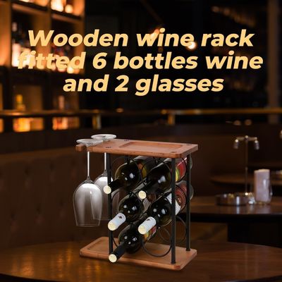 Εκτυπωμένο ξύλινο ράφι κρασιού με δίσκο χειροποίητο Κρατά 6 μπουκάλια και 2 ποτήρια