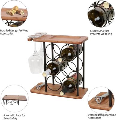 Εκτυπωμένο ξύλινο ράφι κρασιού με δίσκο χειροποίητο Κρατά 6 μπουκάλια και 2 ποτήρια