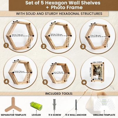 Σετ από 5 εξαγωνικά πλωτά ράφια με προσαρμοσμένο σχεδιασμό και πλαίσιο φωτογραφίας