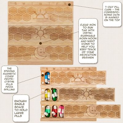 Συμπληκτικός ξύλινος εβδομαδιαίος οργανωτής χάπις Κρατήρας καθημερινός διανομέας χάπις διαλογιστής δοχεία χάπις