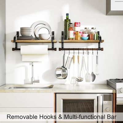 Ρουστικό ξύλο 8 Αφαίρετα Αγκάλια Τείχος Πλωτά ράφια Κουζίνα Ρακ μπαχαρικών με μπάρα πετσέτας