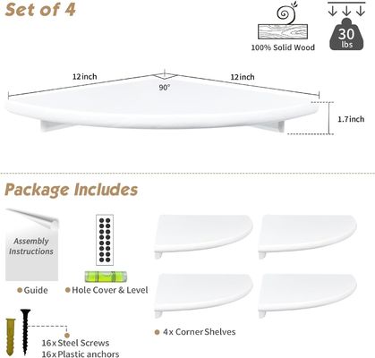 Προσαρμοσμένη διακόσμηση καθιστικού Σετ από 4 γωνιακές στρογγυλές λευκές πλωτές βιβλιοθήκες για τοίχο