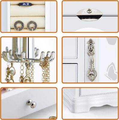 Χειροποίητο λευκό μόνιμο ξύλο κοσμήματα κουτί με 4 συρτάρια Μεγάλο καθρέφτη και περιδέραιο κολιέ