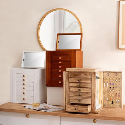 Μεγάλο 7 στρώσεων ξύλινο κοσμηματοφυλάκιο με καθρέφτη για σκουλαρίκια βραχιόλι περιδέραιο ρολόι δαχτυλίδι