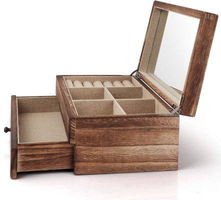 Προσαρμοσμένο OEM λογότυπο Ραστικό ξύλινο κοσμηματοφυλάκιο κουτί με καθρέφτη δαχτυλίδι δίσκο Μεγάλο μέγεθος χειροτεχνία δώρο