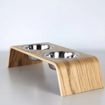 202407 Δώρο για κατοικίδια Προσαρμοσμένο ξύλινο σταθμό με δύο μπολ από ανοξείδωτο χάλυβα
