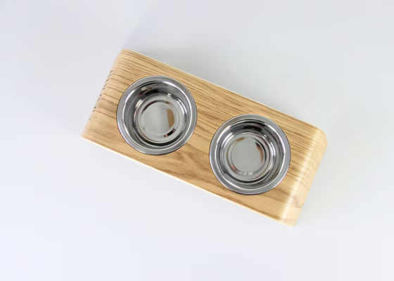 202407 Δώρο για κατοικίδια Προσαρμοσμένο ξύλινο σταθμό με δύο μπολ από ανοξείδωτο χάλυβα