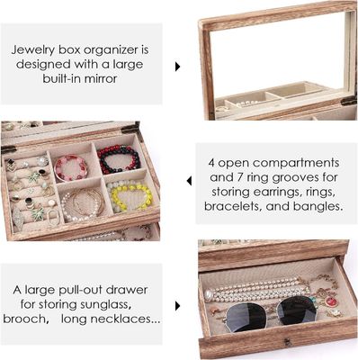 Προσαρμοσμένο OEM λογότυπο Ραστικό ξύλινο κοσμηματοφυλάκιο κουτί με καθρέφτη δαχτυλίδι δίσκο Μεγάλο μέγεθος χειροτεχνία δώρο