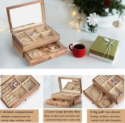 Προσαρμοσμένο OEM λογότυπο Ραστικό ξύλινο κοσμηματοφυλάκιο κουτί με καθρέφτη δαχτυλίδι δίσκο Μεγάλο μέγεθος χειροτεχνία δώρο
