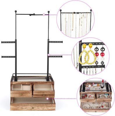 Καθαρό ξύλινο κουτί Custom 6 Tier Κοσμήματα Tree Stand με 2 στρώματα Κοσμήματα συρτάρι αποθήκευση