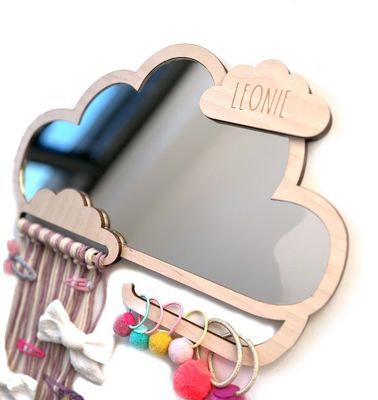 Προσαρμοσμένο σύννεφο σε σχήμα ξύλινου πλαισίου καθρέφτη για παιδιά με κλιπ μαλλιών και καουτσούκ