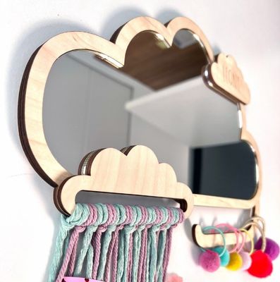 Προσαρμοσμένο σύννεφο σε σχήμα ξύλινου πλαισίου καθρέφτη για παιδιά με κλιπ μαλλιών και καουτσούκ