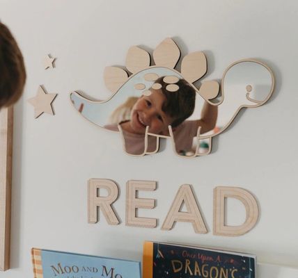 Προσαρμοσμένο λογότυπο ξύλινο δεινόσαυρο σχήμα κάδρο καθρέφτη με ξύλινο πλαίσιο και ξύλινο