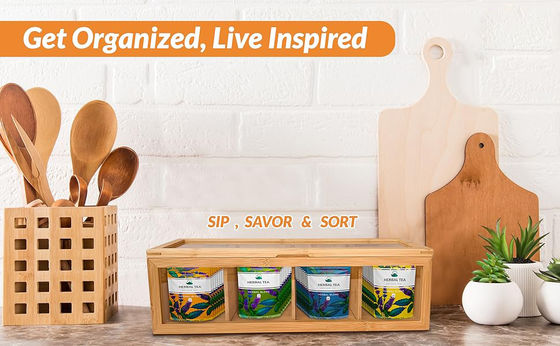 Ξύλινος οργανωτής τσαγιέρας με χαραγμένη εκτύπωση με λέιζερ και διαυγές γυάλινο παράθυρο ακρυλικού