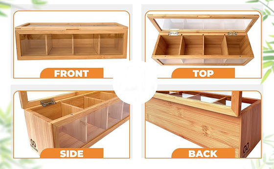 Ξύλινος οργανωτής τσαγιέρας με χαραγμένη εκτύπωση με λέιζερ και διαυγές γυάλινο παράθυρο ακρυλικού