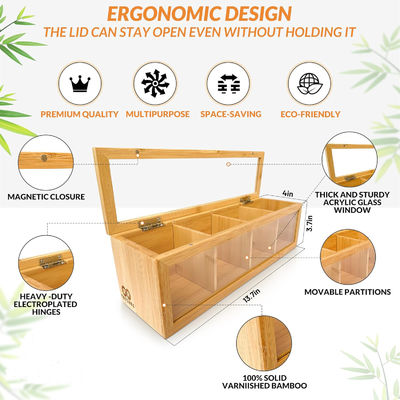 Ξύλινος οργανωτής τσαγιέρας με χαραγμένη εκτύπωση με λέιζερ και διαυγές γυάλινο παράθυρο ακρυλικού