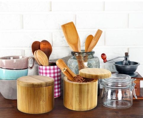 Προσαρμοσμένο μέγεθος ξύλινο κάλυμμα τσάι δοχείο ζάχαρης κουτί αποθήκευσης τροφίμων κουτί βάζο μπαχαρικά βάζο σύνολο