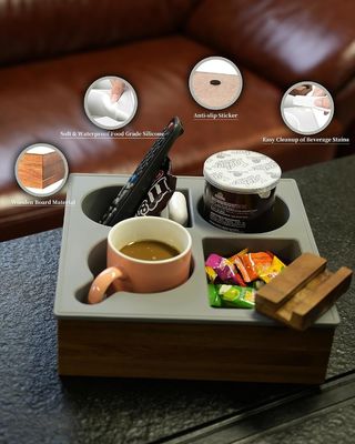 Προσαρμοσμένο λογότυπο μαλακό σιλικόνιο Ακασία ξύλινο καναπέ Caddy για σνακ ποτό τηλεχειριστήριο