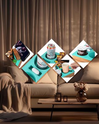 Προσαρμοσμένο λογότυπο μαλακό σιλικόνιο Ακασία ξύλινο καναπέ Caddy για σνακ ποτό τηλεχειριστήριο