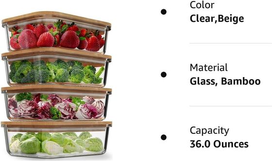 Εύκολο 4 συσκευασία γυάλινα δοχεία αποθήκευσης τροφίμων με κάλυμμα από μπαμπού εύκολο ανοιχτό σχέδιο