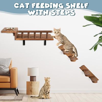 Αποχαιρετήστε τα ακατάστατα πατώματα τοίχο τοποθετημένο ράφι διατροφής γάτας με σκάλα και 2 μπολ