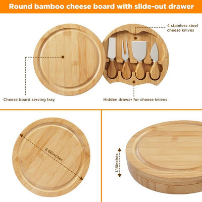 Πίνακα τυριού από μπαμπού με προσαρμοσμένο λογότυπο και 4 μαχαίρια κοπής από ανοξείδωτο χάλυβα