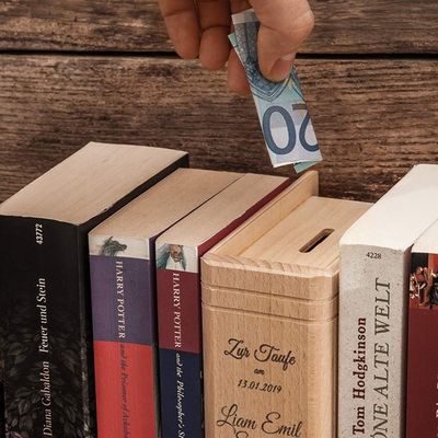 Εκτύπωση με μεταξοειδή οθόνη/Καμένο λογότυπο ξύλινο κουτί εξοικονόμησης χρημάτων για παιδιά σε σχήμα βιβλίου