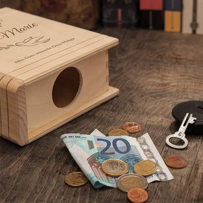 Εκτύπωση με μεταξοειδή οθόνη/Καμένο λογότυπο ξύλινο κουτί εξοικονόμησης χρημάτων για παιδιά σε σχήμα βιβλίου