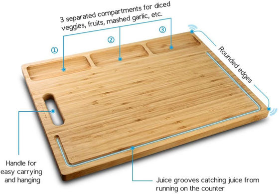 Πολυλειτουργική πλάκα κοπής μπαμπού με 3 διαμερίσματα και αυλακώσεις χυμού 43*32*1,8cm