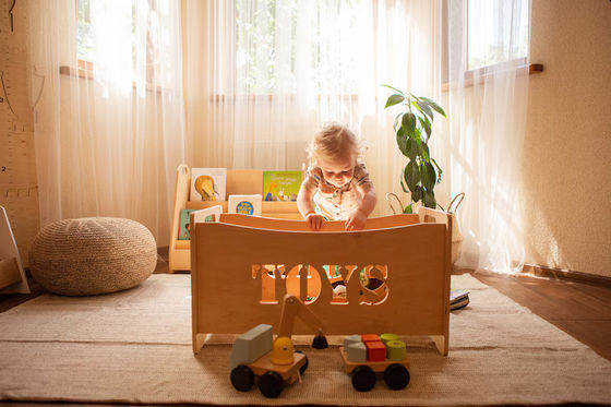 Καμένο ξύλο και γυαλί Παιχνιδάκι Οργανωτής κουτί για Montessori έπιπλα στο παιδικό δωμάτιο