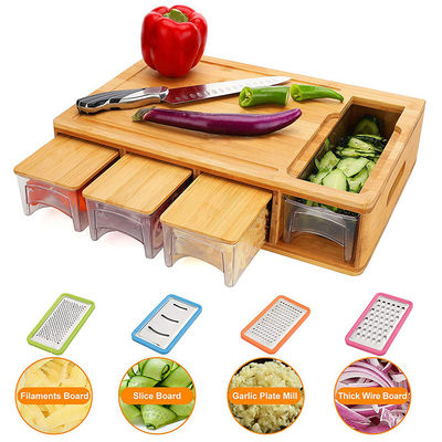 OEM ODM Αποδεκτό Κλασικό ορθογώνιο BAMBOO κοπτική σανίδα με περιέκτες χυμό αυλαία