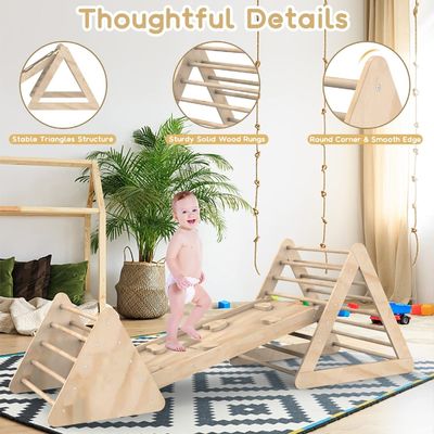 Ανεξάρτητη ξύλινη σκάλα τριγωνικής αναρρίχησης με ράμπα και φινίρισμα για βρέφη