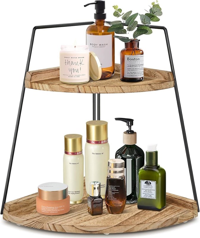 Ξύλινος οργανωτής πάγκου του μπάνιου 2ος βαθμός γωνιακό ράφι για αποθήκευση και οργάνωση