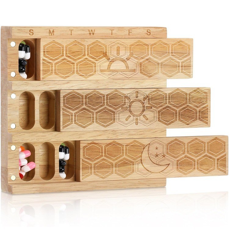 Συμπληκτικός ξύλινος εβδομαδιαίος οργανωτής χάπις Κρατήρας καθημερινός διανομέας χάπις διαλογιστής δοχεία χάπις