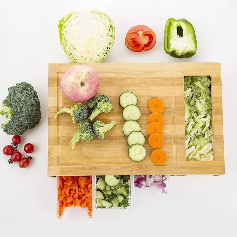 Τετραγωνική πλακέτα κοπής από μπαμπού με 4 δοχεία