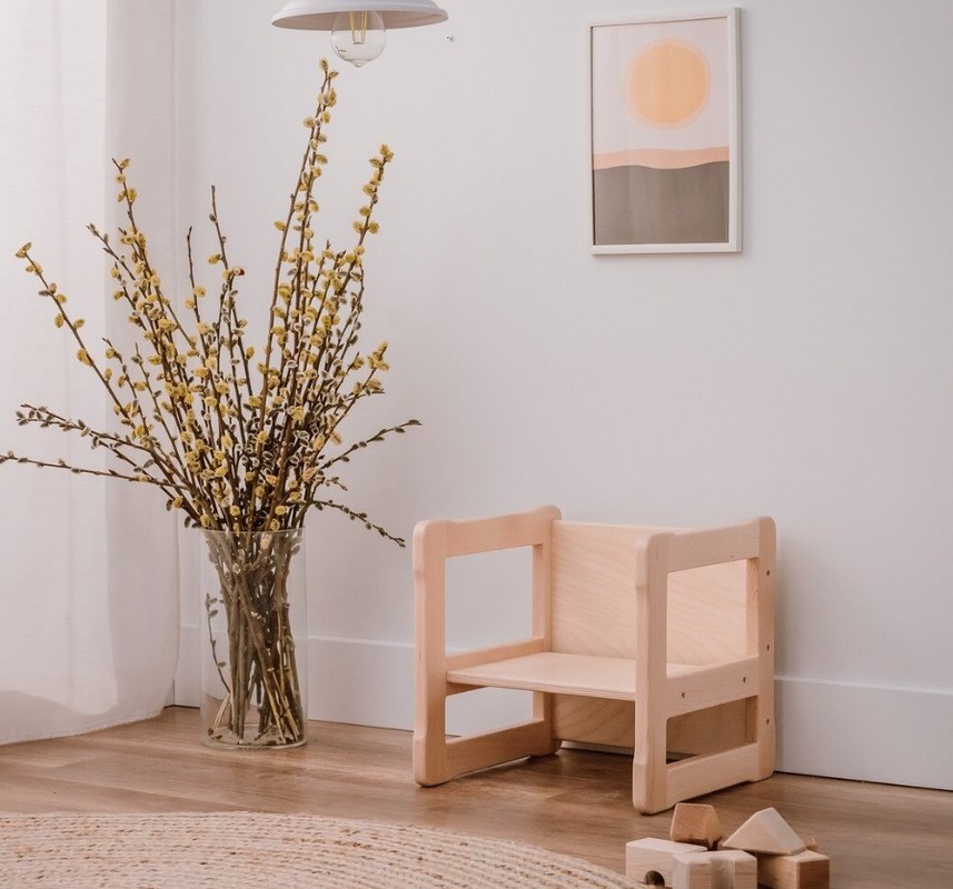 Προσαρμοσμένο λογότυπο Διαστημική λειτουργία εξοικονόμησης 202406 Montessori ξύλινη πολυλειτουργική καρέκλα