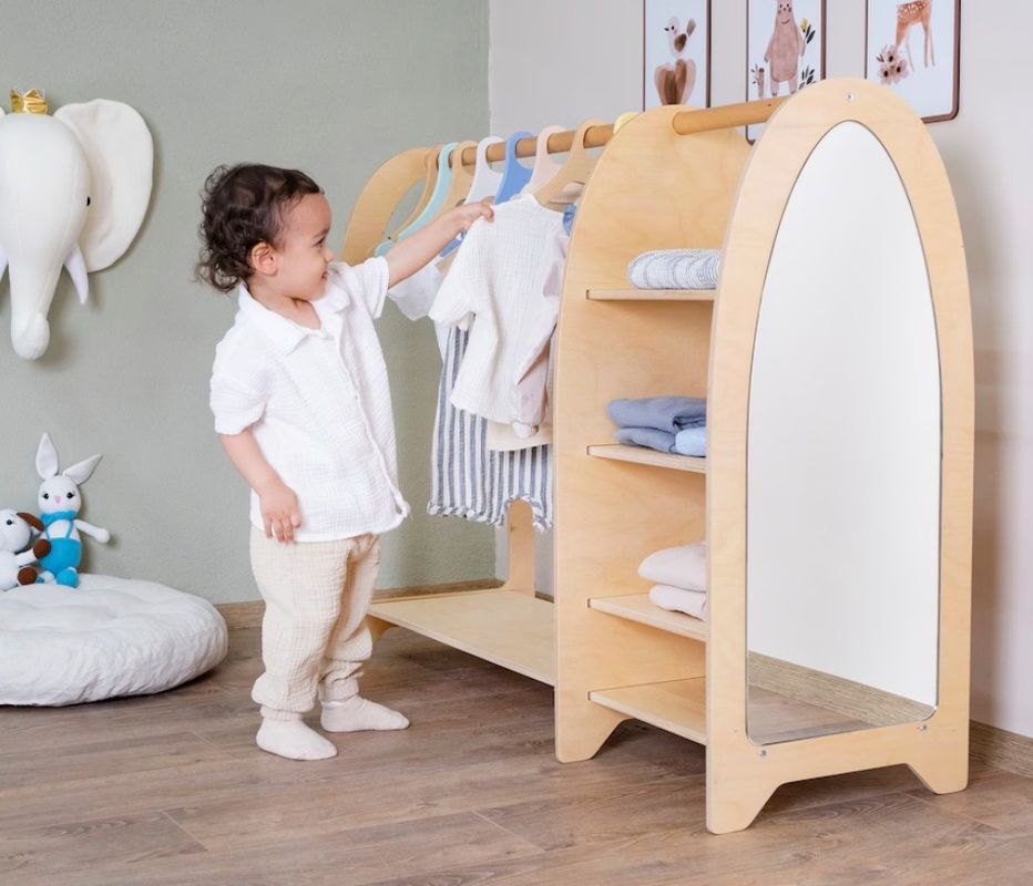 Οικιακά έπιπλα Montessori Παιδιά Ρακέτα ρούχων Ντουλάπα με καθρέφτη και μεγάλη ποσότητα