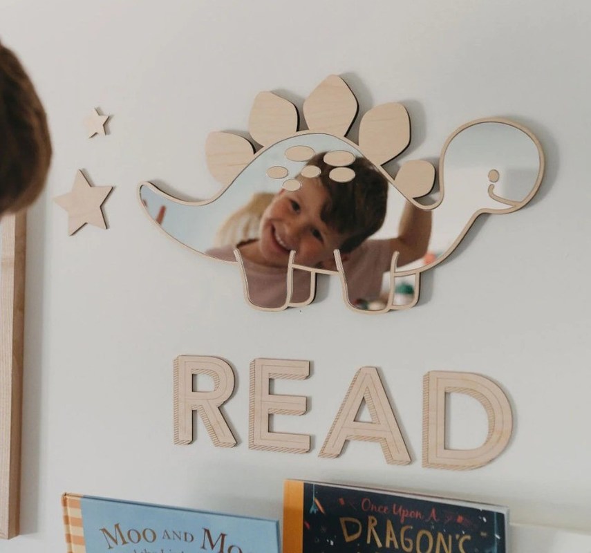 Προσαρμοσμένο λογότυπο ξύλινο δεινόσαυρο σχήμα κάδρο καθρέφτη με ξύλινο πλαίσιο και ξύλινο