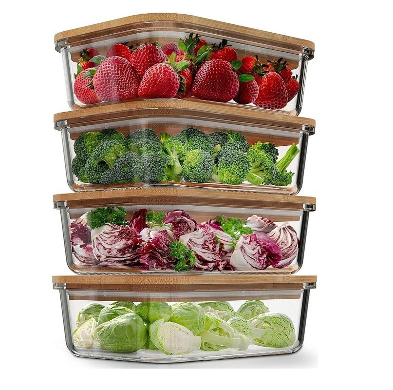 Εύκολο 4 συσκευασία γυάλινα δοχεία αποθήκευσης τροφίμων με κάλυμμα από μπαμπού εύκολο ανοιχτό σχέδιο