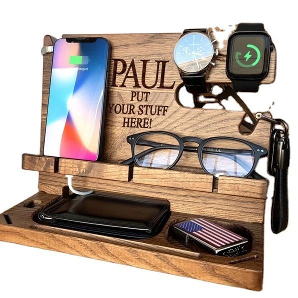 Τυπωμένο ξύλινο σταθμό αγκυροβόλησης για πορτοφόλι τηλεφώνου ανδρών και κλειδί ιδανικός οργανωτής